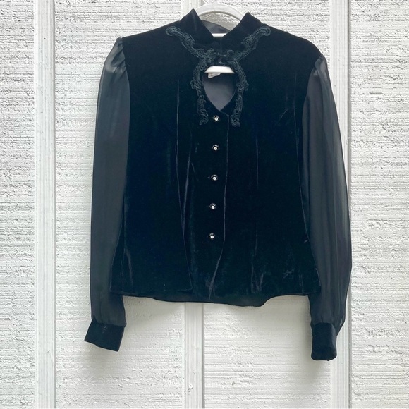 Black VELVET Blouse, Vintage, Sheer Statement Sleeves 90s Goth Prairie Medium - Picture 1 of 8